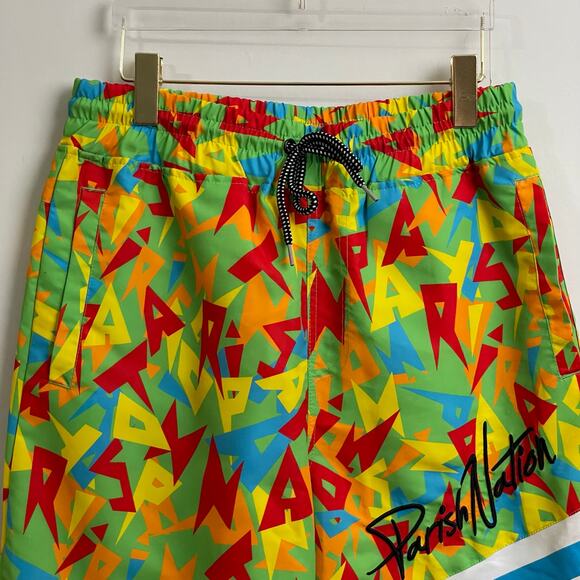 Y2K Parish Nation L swim trunks men AOP “P” green red vintage shorts beach - Picture 2 of 7